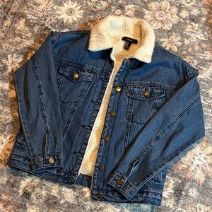 Forever 21 Blue Denim Jacket with Cream Sherpa Collar